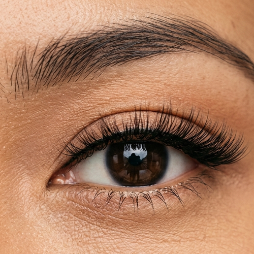 Close up of monolid eyes wearing Glow Virelle lashes