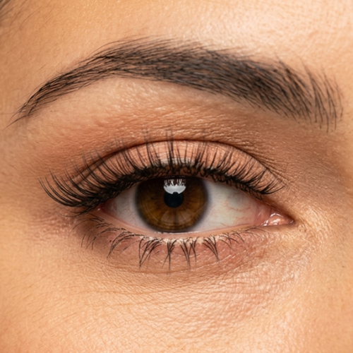 Close up of almond eyes wearing Glow Virelle lashes