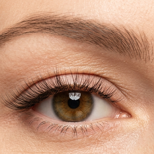 Close up of hooded eyes wearing Glow Virelle lashes