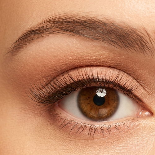 Close up of round eyes wearing Glow Virelle lashes